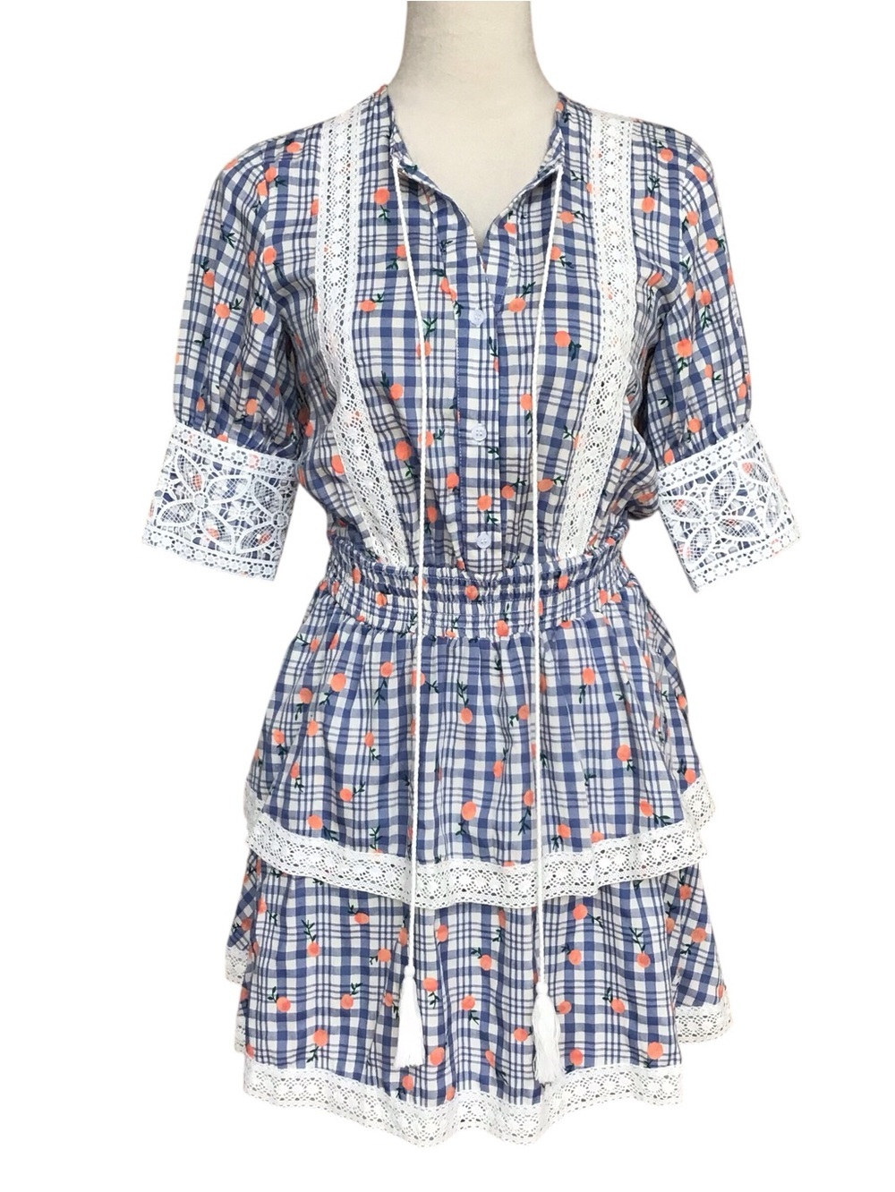 The Shirt Rochelle Behrens Blue Plaid Ruffle Tassel Tie Lace Trim Mini Dress